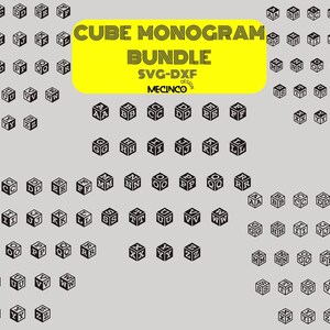 Puede incluir: Colección de monogramas cúbicos en blanco y negro, cada uno con una letra del alfabeto. El diseño tiene un efecto 3D. La imagen incluye el texto "CUBE MONOGRAM BUNDLE SVG-DXF" en un rectángulo amarillo.
