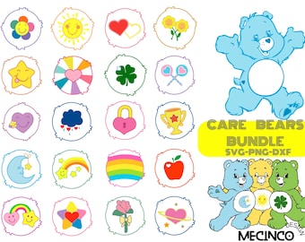 May include: A collection of Care Bears-themed graphics, including individual bears and circular designs with various symbols like hearts, stars, and rainbows. The image also includes the text "CARE BEARS BUNDLE SVG-PNG-DXF".