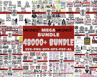 Op de afbeelding: Een digitale designbundel met de tekst "MEGA BUNDLE 48000+" in het wit op een rode achtergrond. De bundel bevat SVG-, PNG-, DFX-, EPS- en PDF-bestanden. De afbeelding bevat ook diverse thema-afbeeldingen en tekst.