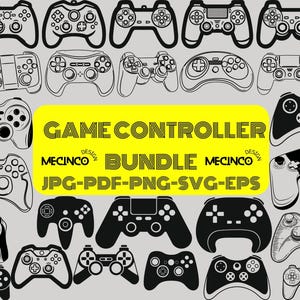 May include: A collection of black and white game controller designs. The image includes various controller styles, both outlined and solid, with a yellow rectangle in the center that reads "GAME CONTROLLER BUNDLE" and file type options.