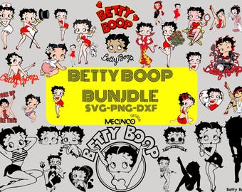 May include: A collection of Betty Boop illustrations in various poses and styles. The images include both color and black-and-white designs, with the text "BETTY BOOP BUNDLE SVG-PNG-DXF" on a yellow background. The overall theme is vintage cartoon art.