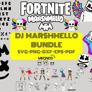 Può includere: Un pacchetto di design digitale a tema Fortnite Marshmello. L'immagine include varie illustrazioni del personaggio DJ Marshmello, insieme al testo "DJ Marshmello Bundle" e informazioni sul tipo di file. Gli elementi di design sono in nero, bianco, giallo e vari altri colori.