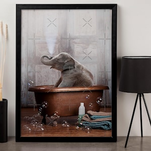 A little elephant in the bathtub Canvas Wall Art , Elephant Animal Framed Art ,