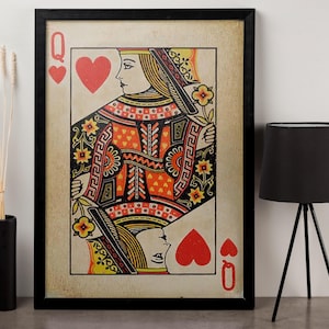 Queen of Hearts Playing Card Canvas Wall Art - Poster incorniciato in stile vintage