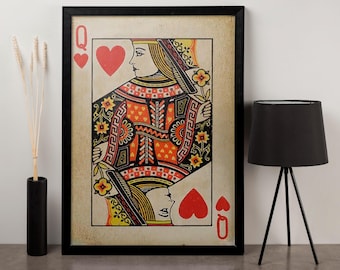 Queen of Hearts Playing Card Canvas Wall Art - Vintage Style Framed Poster