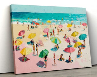 Impresión en lienzo de una colorida escena de playa, arte mural costero con sombrilla de verano, pintura costera vibrante