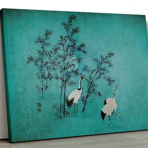 Japanese Crane Canvas Wall Art - Traditional Asian Decor - Elegant Bird Painting - Bamboo & Nature Artwork - Teal Blue Oriental Print