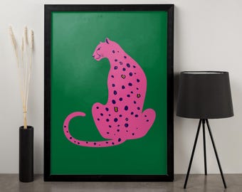 Pink Leopard Canvas Print, Bold Jungle Animal Wall Art, Modern Pop Poster