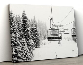 Black and White Winter Landscape - Snowy Ski Lift Wall Art - Minimalist Mountain Photography Print