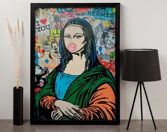 Stampa artistica incorniciata Mona Lisa Bubble Gum: decorazione murale alla moda con graffiti
