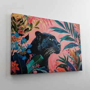 Tropical Black Panther Canvas Wall Art - Jungle Animal Print with Colorful Floral Design