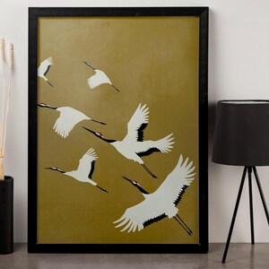 Japanese Crane Wall Art - Minimalist Bird Print - Traditional Asian Decor - Elegant Nature Poster - Gold Frame Artwork