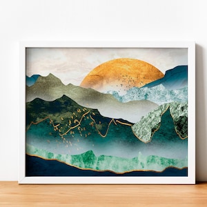 May include: Abstract art print featuring a gold sun setting behind a layered mountain range with shades of blue, green, and white.