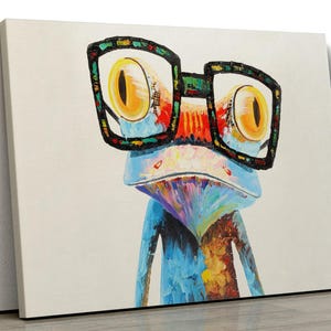Colorful Frog with Glasses Framed Canvas Wall Art