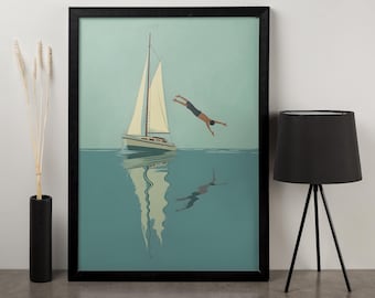 Quadro em tela com tema de vela de verão – Decoração minimalista de parede com barcos para casas litorâneas