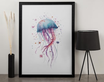 Impressão artística de água-viva excêntrica - decoração de parede com aquarela e oceano