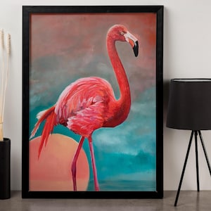 Framed Flamingo Art Print: Tropical Sunset Beach Painting