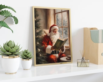 Lienzo navideño de Papá Noel leyendo junto a la ventana