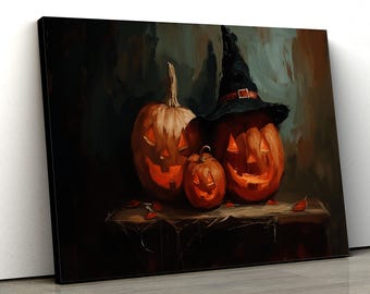 Halloween Kürbis Wandkunst | Hexenhut Jack O Lantern Leinwand | Gruselige Herbst Deko