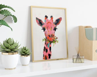 Pink Giraffe Wall Art - Colorful Animal Canvas for Nursery or Home