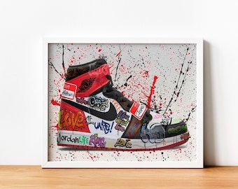 Lienzo con estampado de zapatillas de graffiti para pared / Póster de arte callejero urbano / Impresión de zapatillas de colores