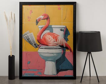 Funny Flamingo Wall Art - Quirky Toilet Canvas for Bathroom Decor