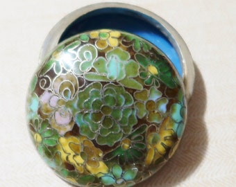 Green Cloisonn\u00e9 jewelry Trinket box with Cherry Blossom hand painted