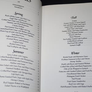 May include: A page from a cookbook with a list of recipes organized by season. The seasons are Spring, Summer, Fall, and Winter. Each season has a list of dishes with their corresponding page numbers.