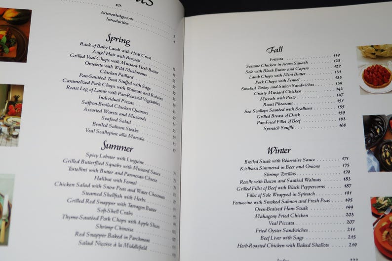 May include: A page from a cookbook with a list of recipes organized by season. The seasons are Spring, Summer, Fall, and Winter. Each season has a list of dishes with their corresponding page numbers.