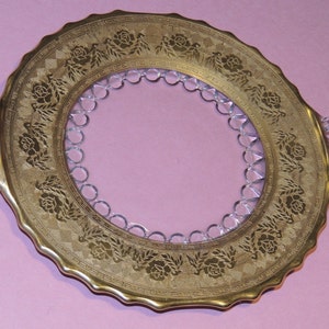 Vtg  Goldtone Rose Pattern Glass Scalloped plate with handles 9.5 inches