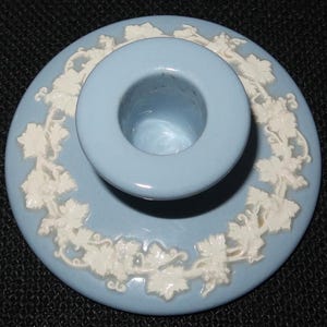 May include: A light blue circular candle holder featuring a raised white relief pattern of grape leaves and vines encircling the central socket. The object has a smooth, matte finish on the flat base and a glossy interior for the candle.