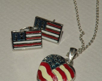 Patrotic Enamel Sterling Silver Heart Flag Necklace and Gift
