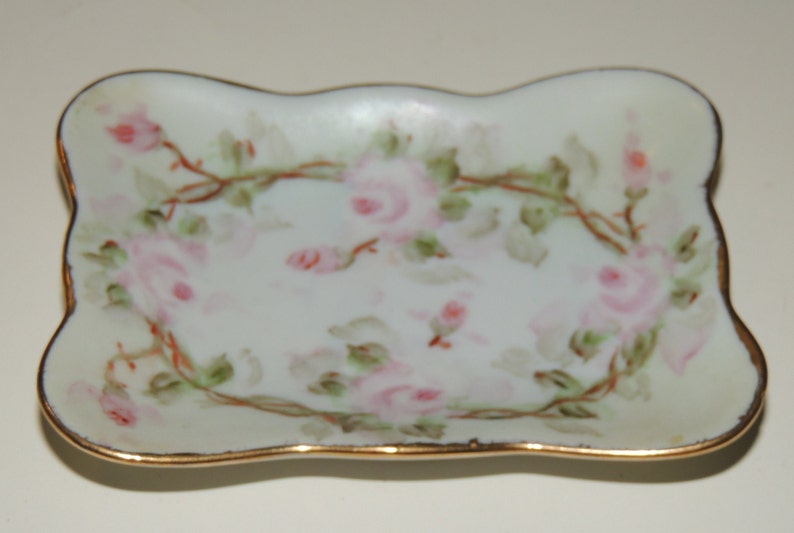 Vtg Pink Rose Hand Painted Trinket Dish
