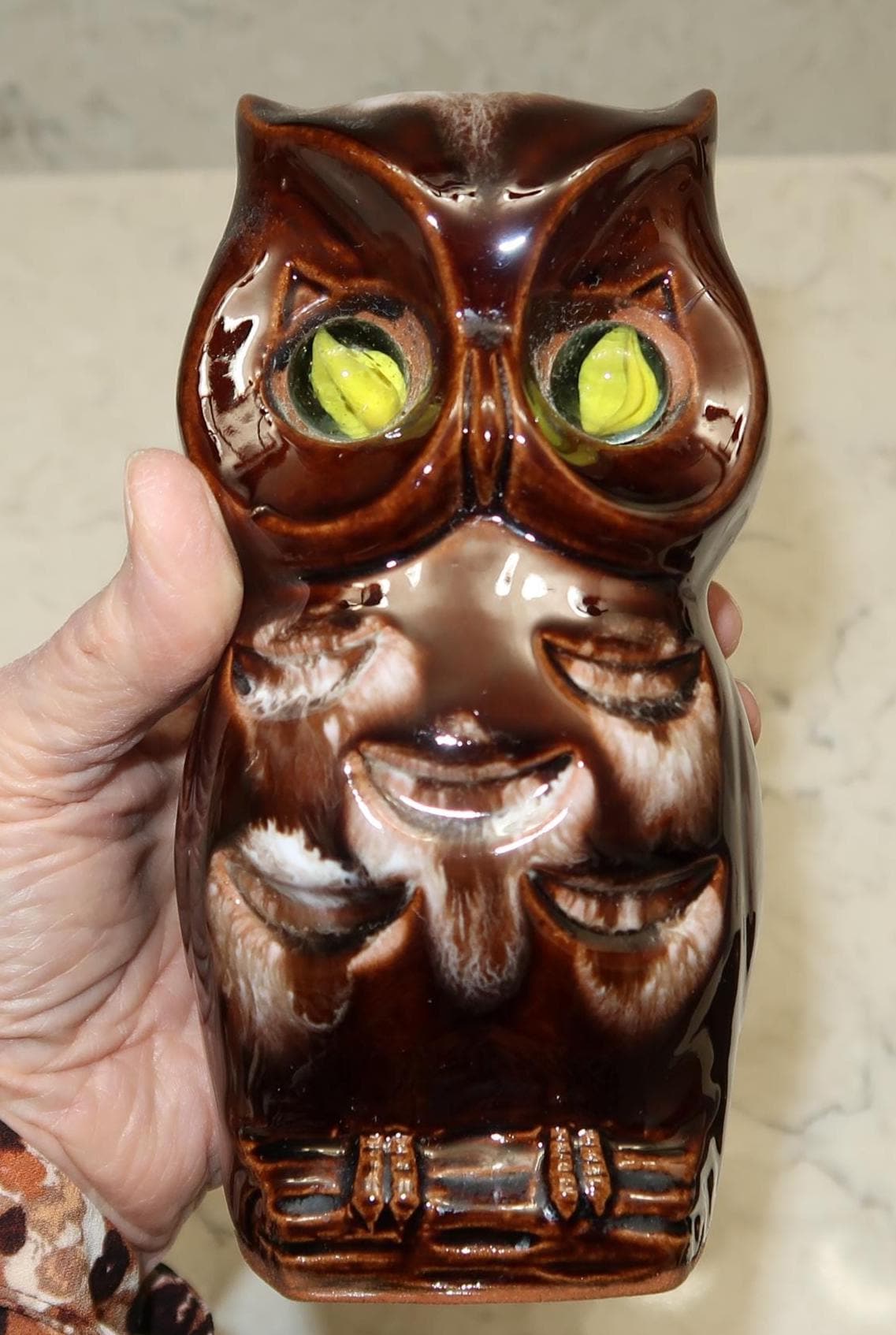 Vtg Halloween OWL Candle Holder/Lantern, Ceramic with Yellow Marble Eyes