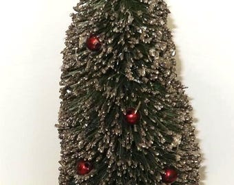 1960s Christmas Brush Tree, 8 3/4 inches tall with Mercury Glass Beads