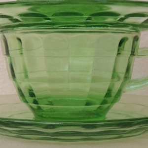 Green Block Cup and  two Saucers by Anchor Hocking