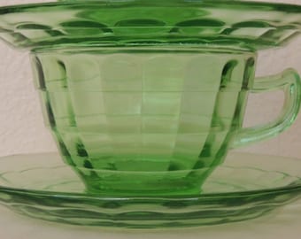 Green Block Cup and  two Saucers by Anchor Hocking