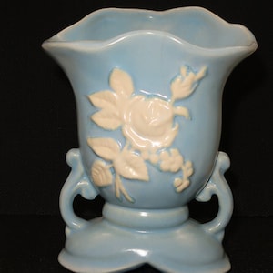 Vintage Weller &quot;Blossom&quot; Light blue Vase with a white Rose Design