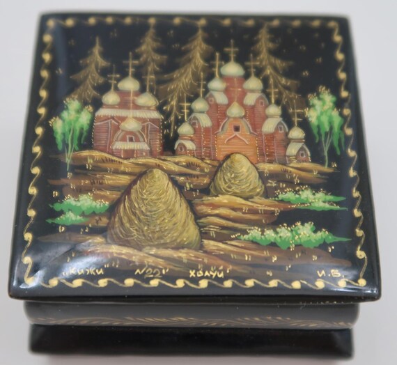 Vtg Signed Tiny Painted Lacquer Hinged Trinket Bo… - image 5