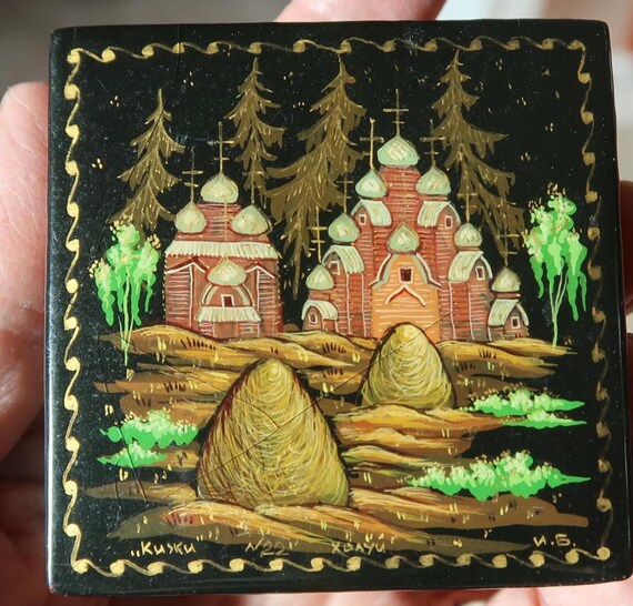 Vtg Signed Tiny Painted Lacquer Hinged Trinket Bo… - image 1