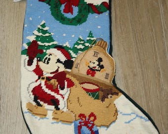 Vtg Needlepoint Santa Mickey Christmas Stocking with Removeable Clock in his sack