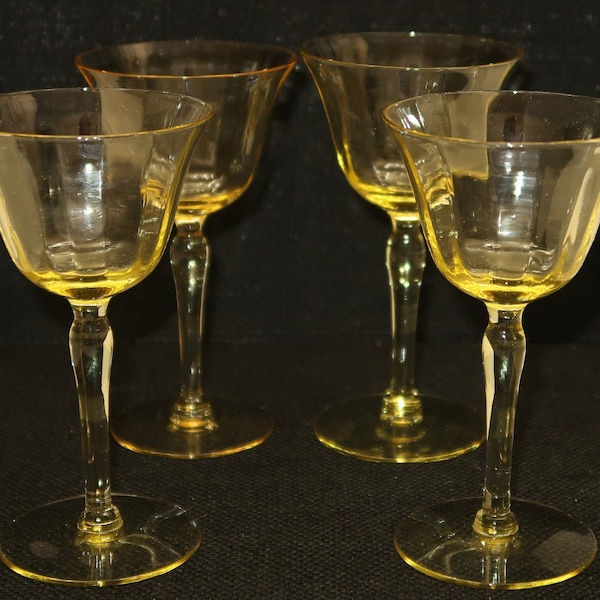 4 Vintage Yellow Fostoria 3 oz Wine, Stem 877