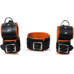 Real Cow Leather Wrist, Ankle Cuffs & Neck Collar Set Black 5 Piece Set Padded Cuffs Lockable Gifts Mature Mature