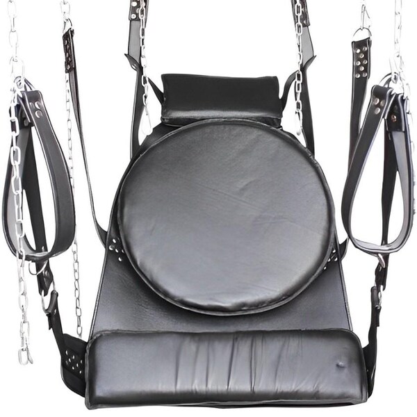 VIP Black Leather Sex Swing & Sling with Fur for Couples Sex Play | Leather Bondage Fur Sex Swing Kinky Sex Furniture | BDSM Adult Sex Sling