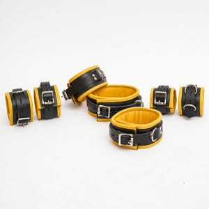 Leather 7 Piece Heavy Duty Cuff Genuine Leather Cuffs Set, Wrist, Ankle, Thighs and Collar, Gift for Her