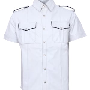 Men&#39;s Real Leather Biker T-Shirt White Cowhide Leather Shirt Gift for Boyfriend - Handmade Police Leather Uniform Leather Shirt