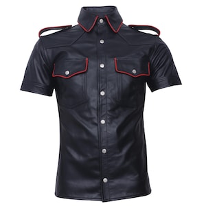 Men&#39;s Real Leather Biker T-Shirt Black Cowhide Leather Shirt Gift for Boyfriend - Handmade Police Leather Uniform Leather Shirt