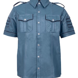 Mens Real Leather Shirt Half Sleeve Police Officers Style Gays Genuine Leather Shirt Short Sleeve Straps Leather Shirt For Men