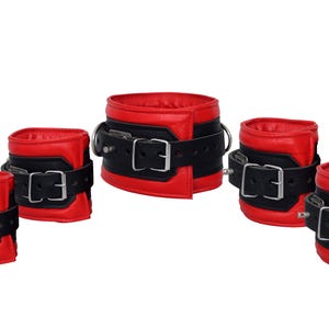 Real Cow Leather Wrist, Ankle Cuffs & Neck Collar Set Black 5 Piece Set Padded Cuffs Lockable Gifts Mature