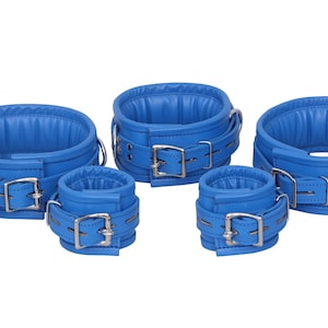 Blue Leather 7 Piece Heavy Duty Cuff Genuine Leather Cuffs Set, Gift for Her
